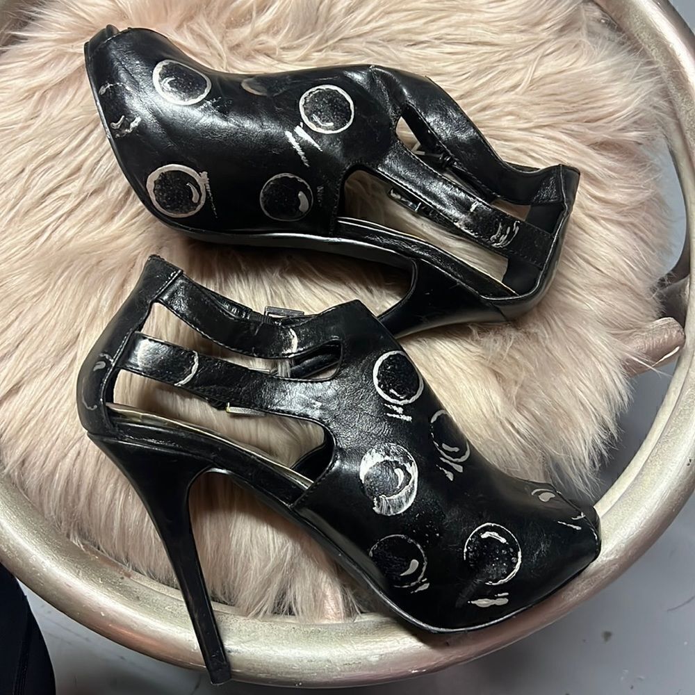 Black Patent Bubble Heel Booties | Abstract Art Statement